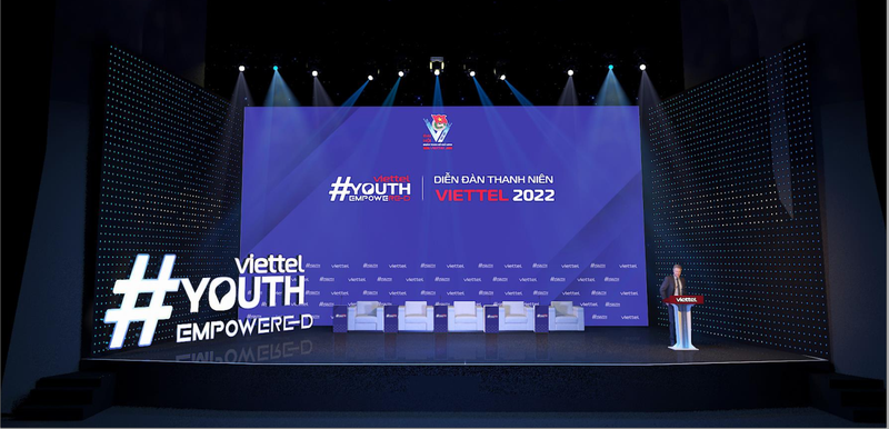 Phối cảnh sân khấu diễn đàn thanh niên Viettel, diễn ra từ 8h30 – 11h00 ngày 25/8/2022